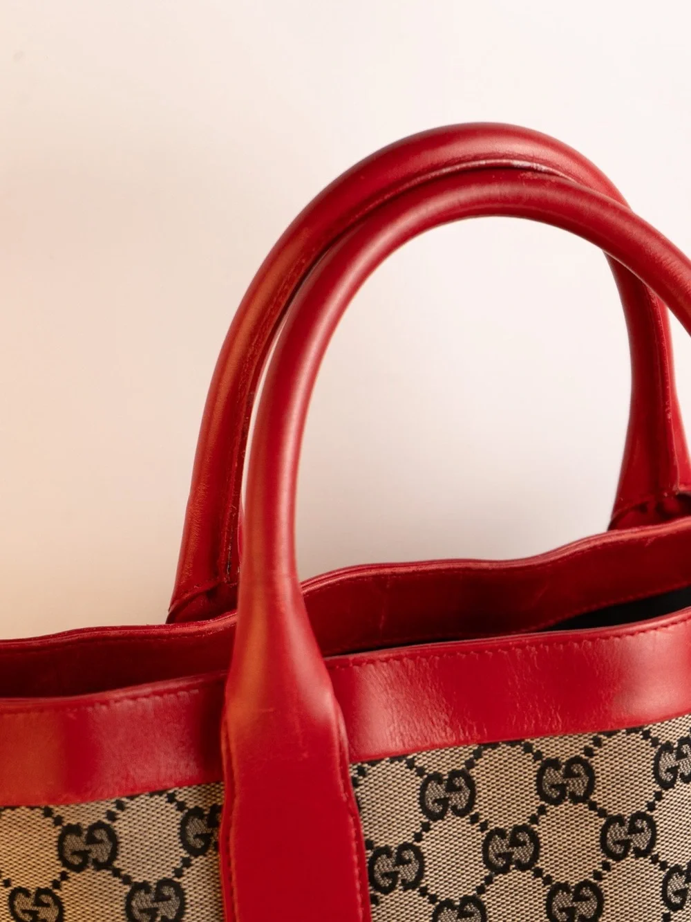 Gucci Beige GG Canvas Tote with Red Leather Trim